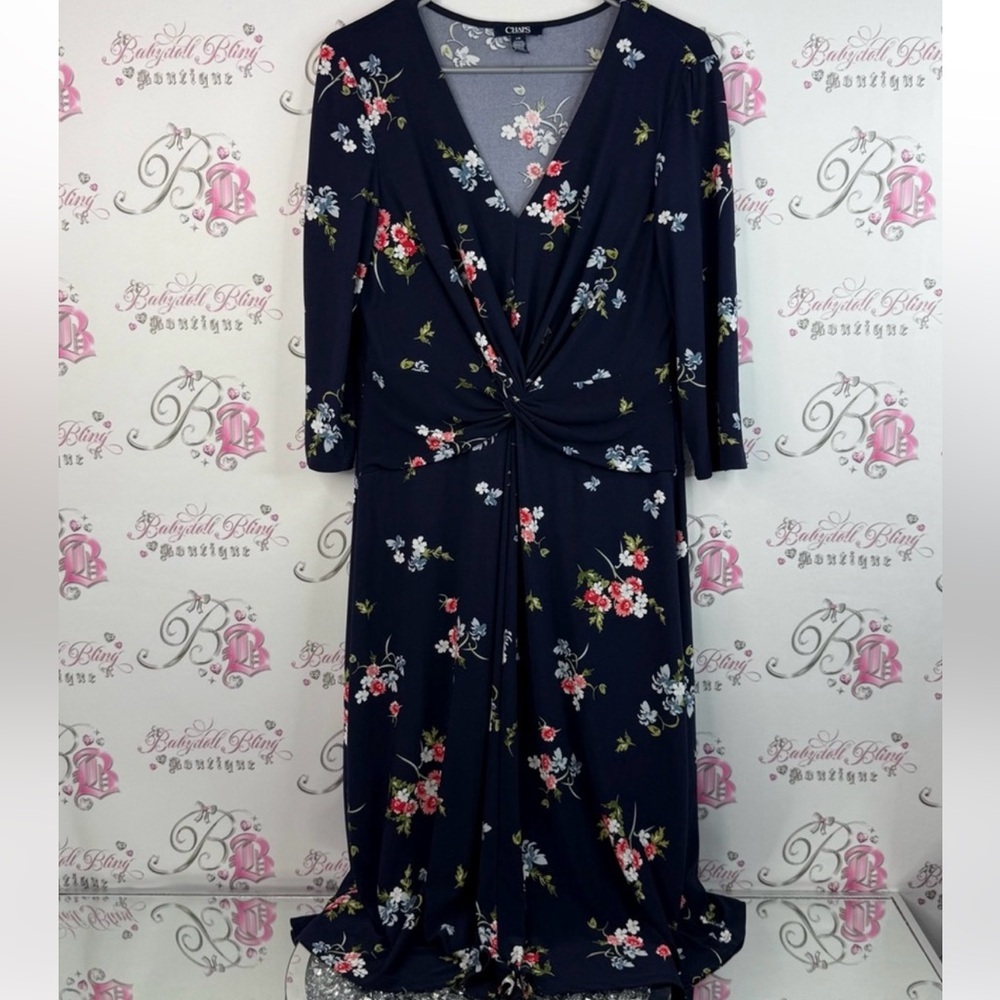 Chaps dress cinched front detail blue Navy Floral Long Sleeve Dress flowers